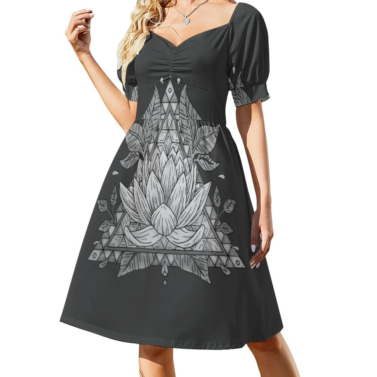 

Grey Lotus Flower Geometric Design Short Sleeved Dress dresses for woman 2025 Female dress Dress