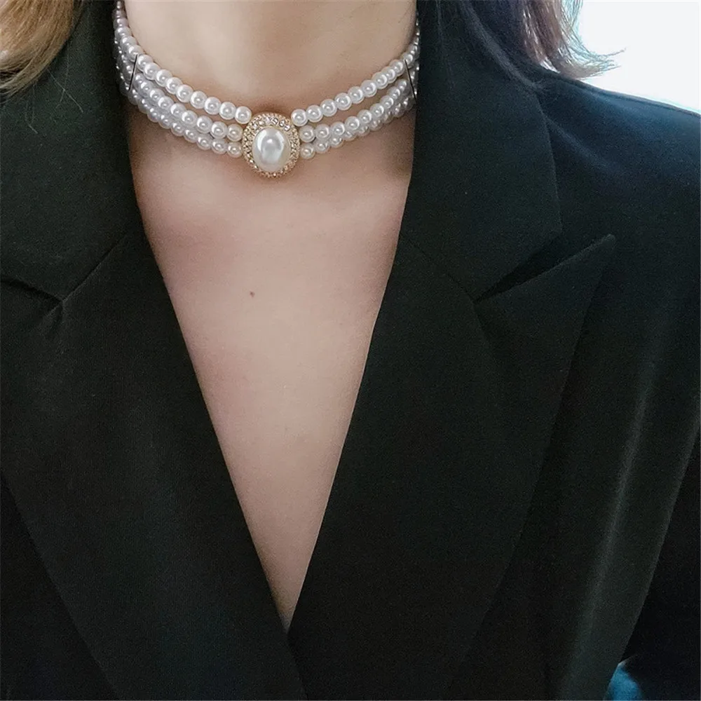 Vintage Multilayer Pearl Choker Necklaces For Women Short Geometric Crystal Necklaces Weddings Bride Jewelry