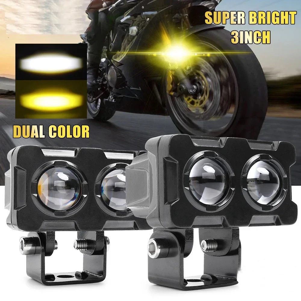 1PCS 60W Motorcycle LED Lens Spotlight Double Lenses Spotlight Motorcycles Auxiliary Fog Lamp Dual Color White Yellow Light