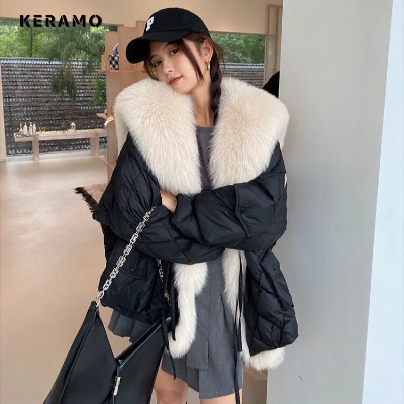 Winter Women Big Luxury Faux Fox Fur Collar Coat 2023 Fluffy Loose Puffer Jacket Feather Female Parka Snow Outwear Windproof