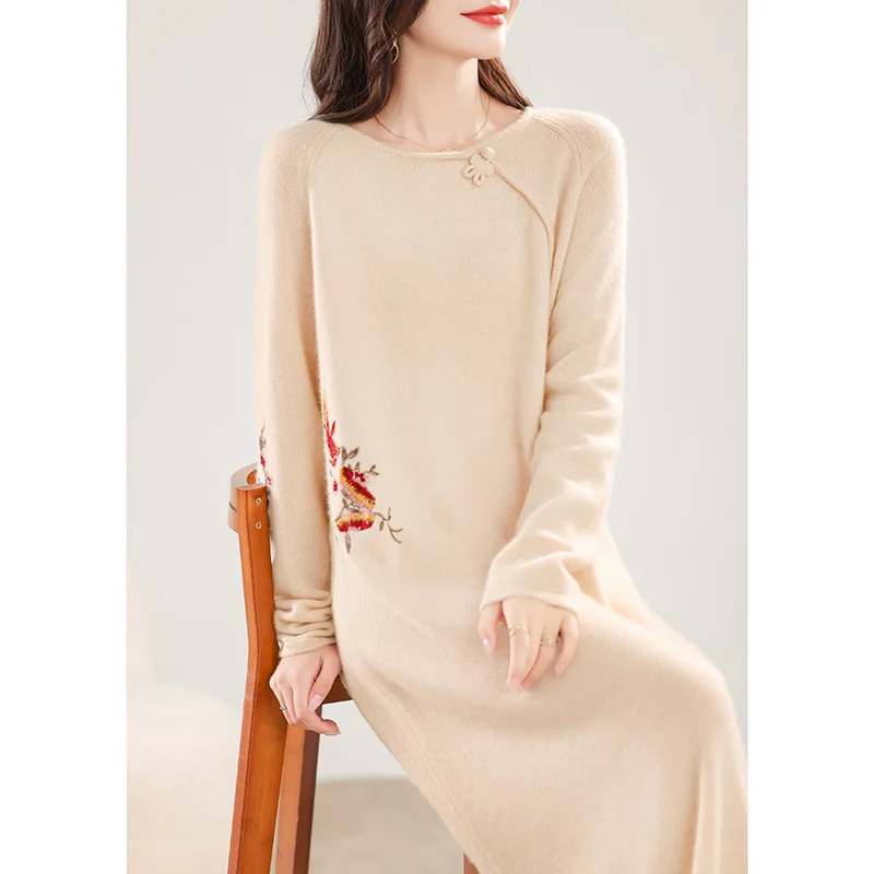فستان نسائي محبوك من صوف ميرينو 100% كاجوال مطرز طويل رقبة دائرية فضفاض خريف وشتاء جديد 2024