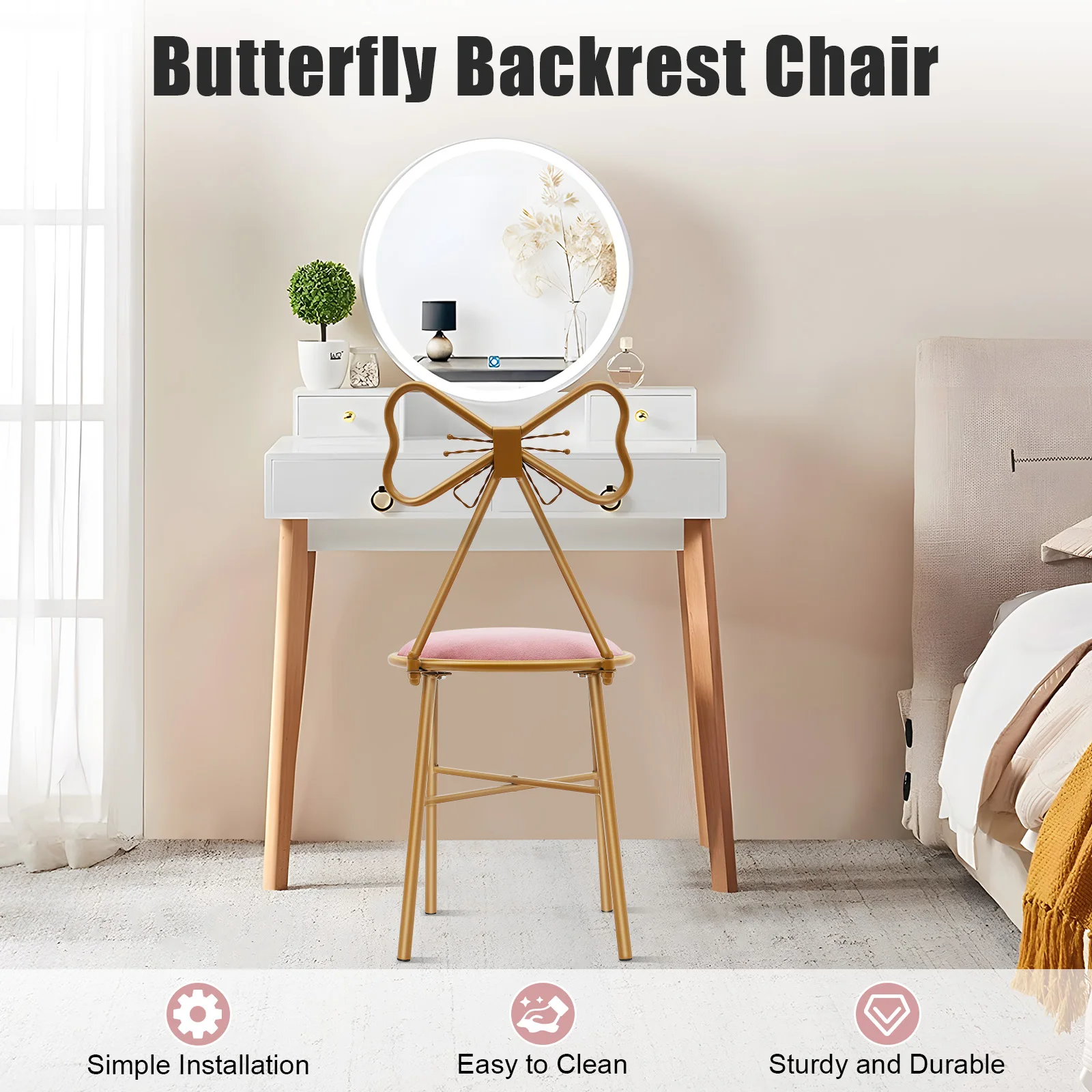 Luxury Chair Beautiful Butterfly Chair Pink Butterfly Knot Dressing Backrest  Chair 78cm Gold Metal Frame Lounge Seat