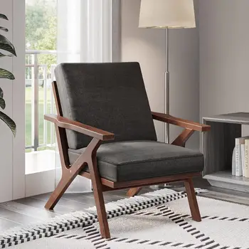 Image BELLEZE Mid Century Accent Chair, Retro Upholstered Living Room Chair with Solid Wood Frame, Denim Arm Chairs for Bedroom