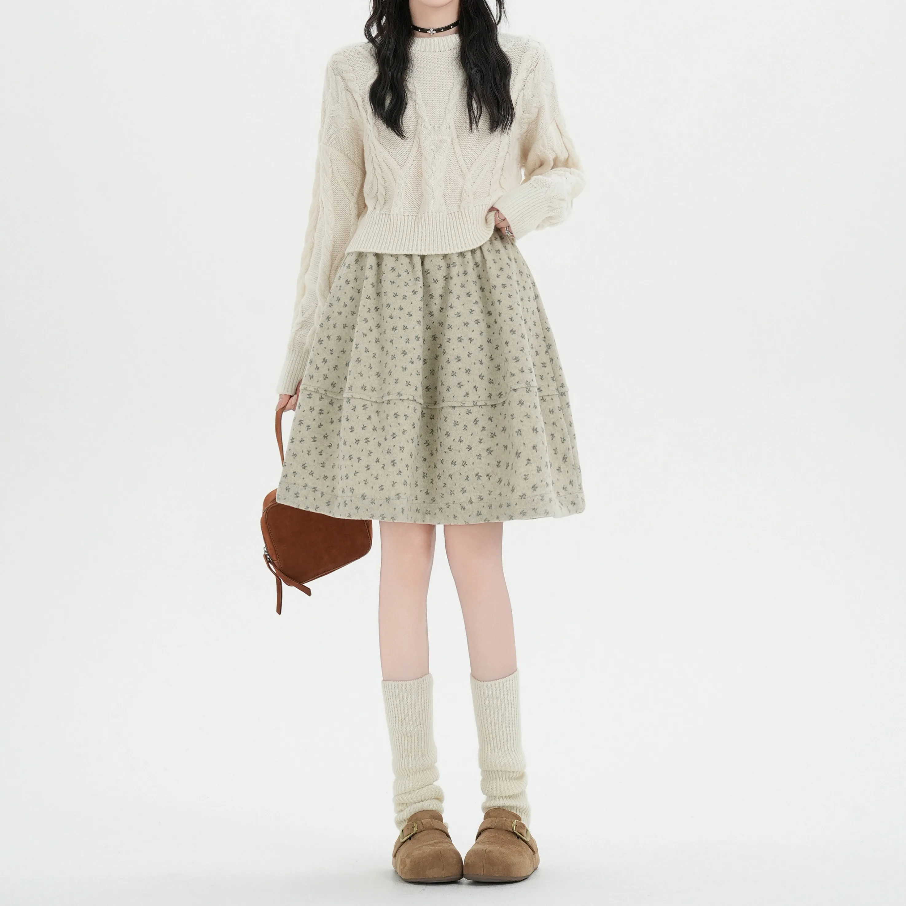 Autumn Winter Floral Print Pleated Woolen  Skirt High Waist A-Line Silhouette Commute Style Polyester Fiber Printed Fabric
