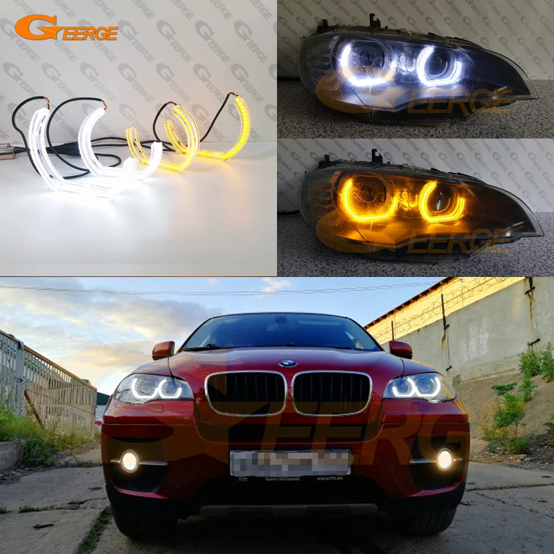 

For BMW X6 E71 E72 X6M X5 E70 Ultra Bright Switchback Day Light Turn Signal DTM M4 Style LED Angel Eyes Halo Rings
