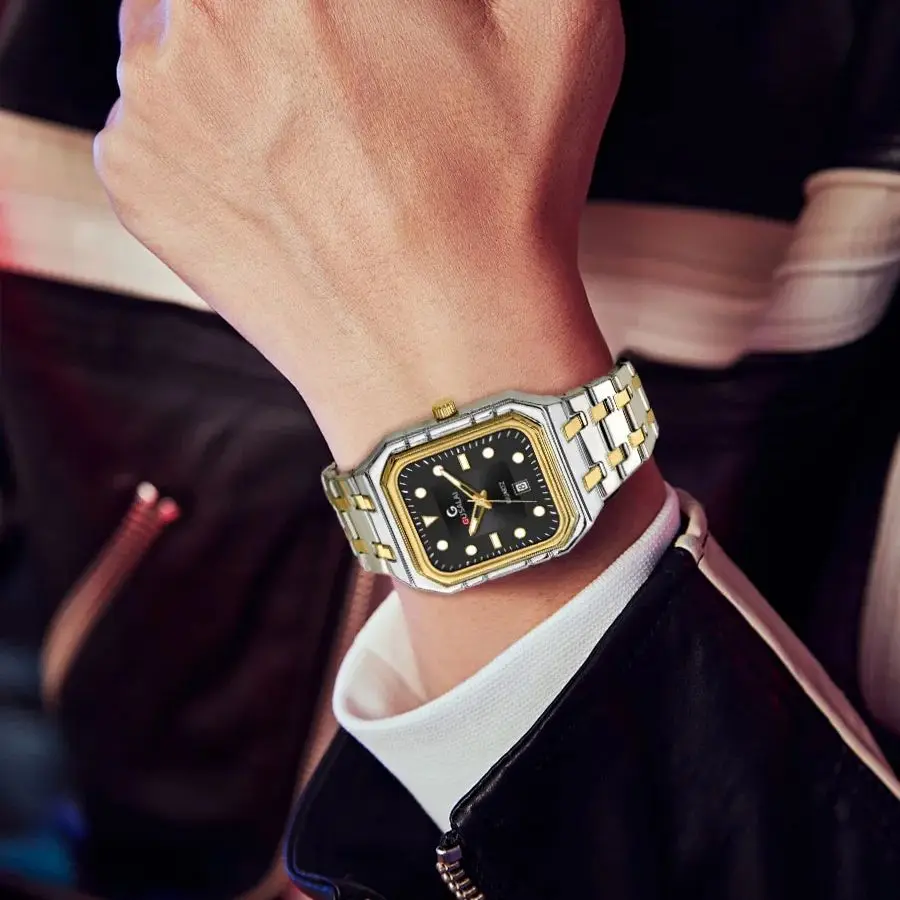 2025 신상 남성용 시계 사각형 고급 골드 스테인리스 스틸 캐주얼 비즈니스 스타일 오리지널 쿼츠 무브먼트 시뮬레이션 캘린더 시계