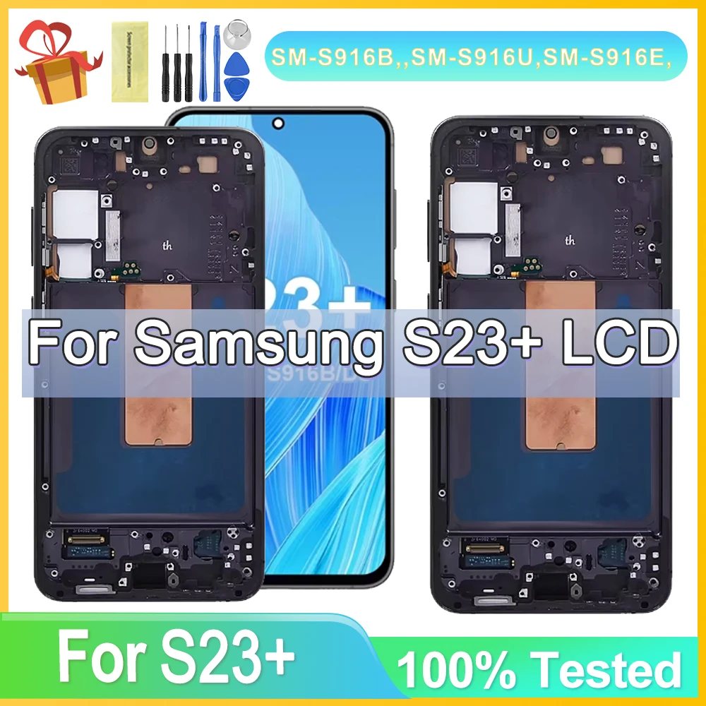 100%Test S23+ 5G LCD For Samsung S23 Plus LCD Display Touch Screen Digitizer For Samsung S23 Plus 5G S916B S916U With Frame