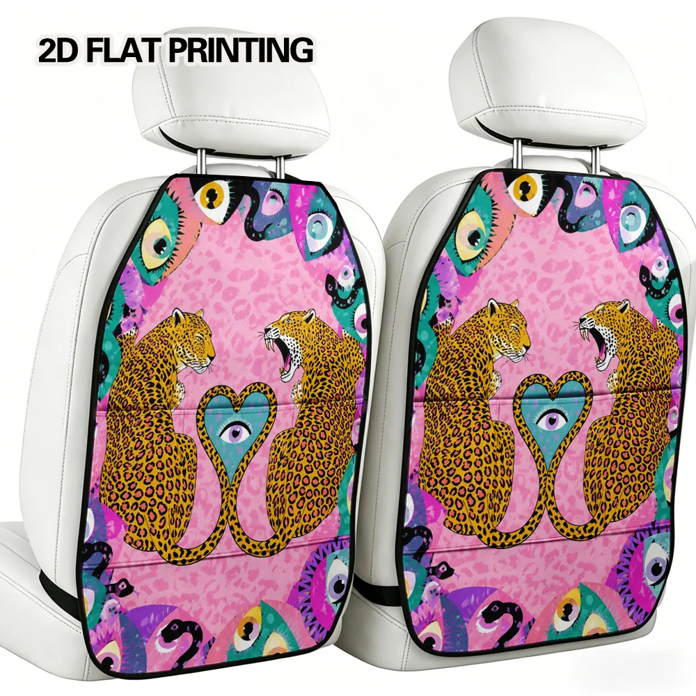 2D Flat, 2pcs Psychedelic Leopards And Eyes All-Round Car Seat Storage Pouch Car Kick Mats With Organizer, Compatible With SUV,