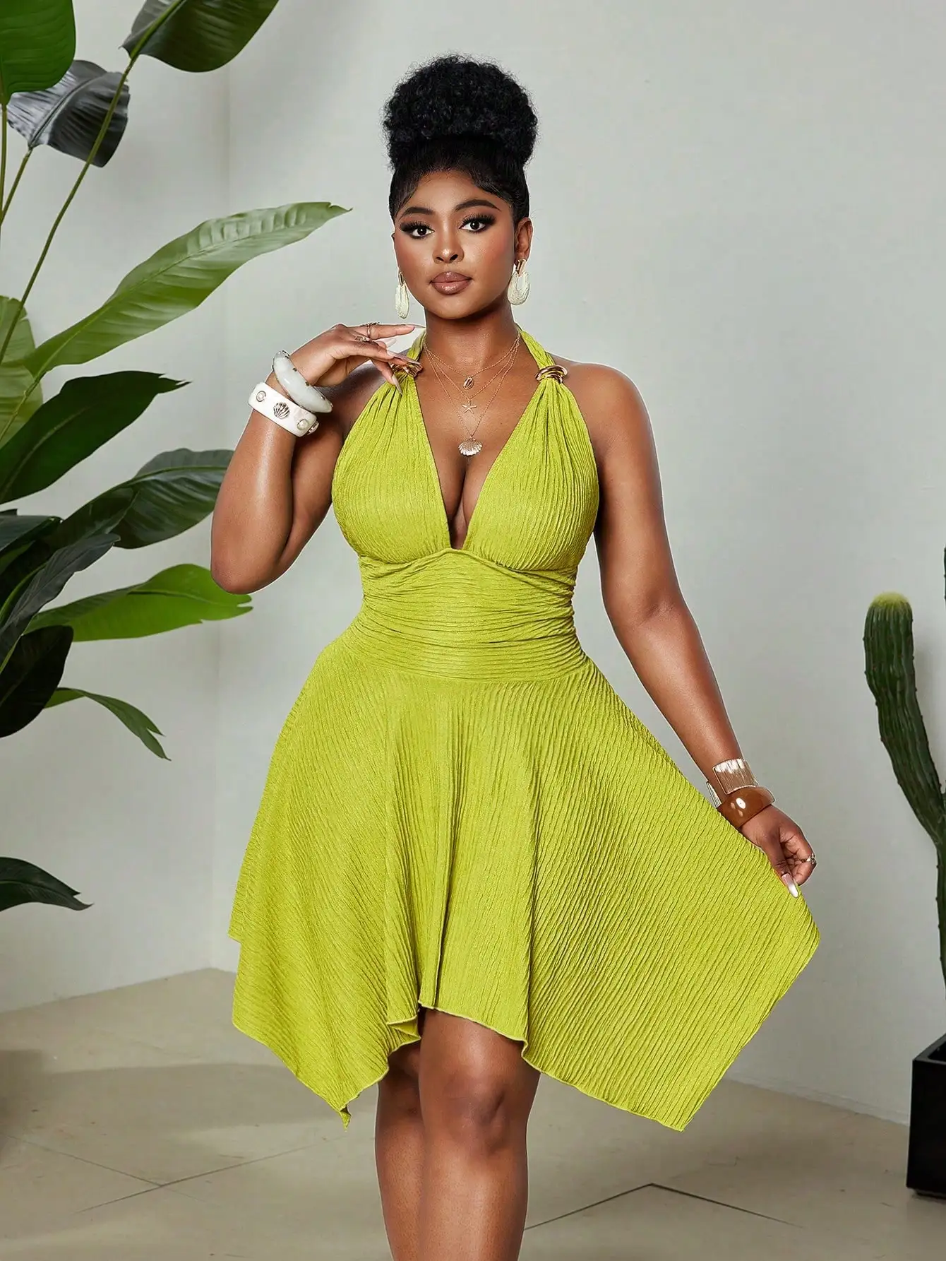 

Plus Size Women's Vibrant Lime Green Pleated Halter Dress With Deep V-Neck, Waist Defining Fit, Asymmetrical Hem And Backless