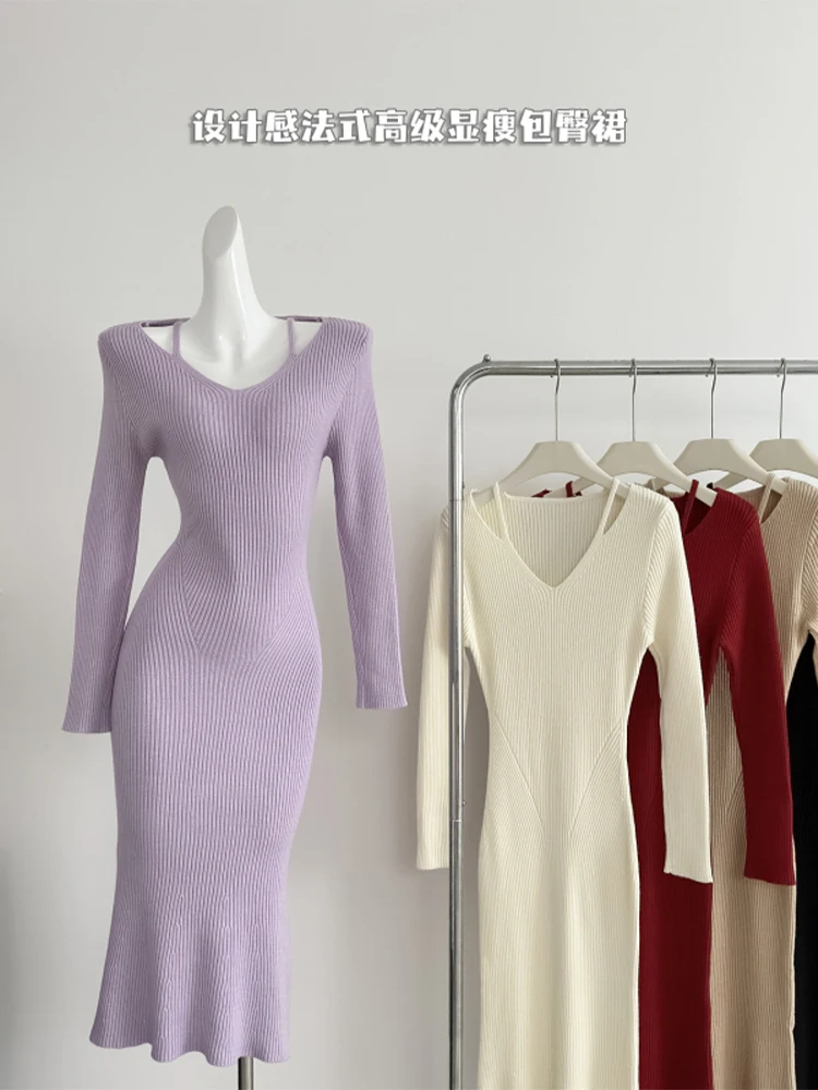 Women's Purple Bodycon Dress Vintage Long Sleeve Long Knitted Dresses Y2k Elegant Party Club One Piece Frocks 2000s Clothes 2024