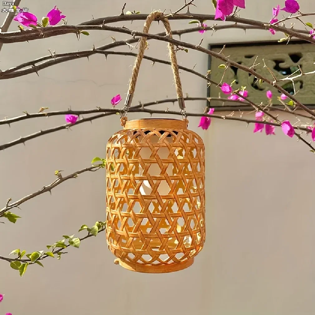 

1PC Solar Imitation Bamboo Lantern Outdoor Waterproof Plastic Rattan Lantern Courtyard Decoration Garden Light