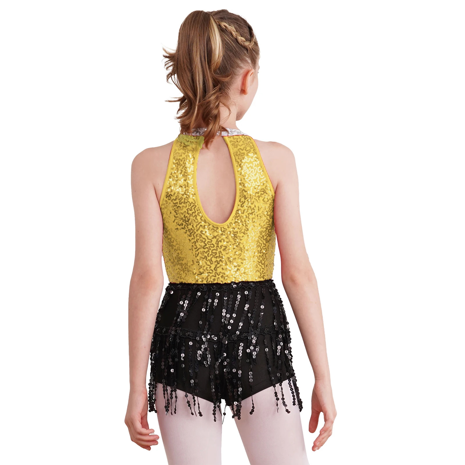 Kids Girl Jazz Latin Dance Performance Costume Cha-cha Samba Rumba Skating Bodysuit Sleeveless Shiny Sequin Tassel Leotard Dress