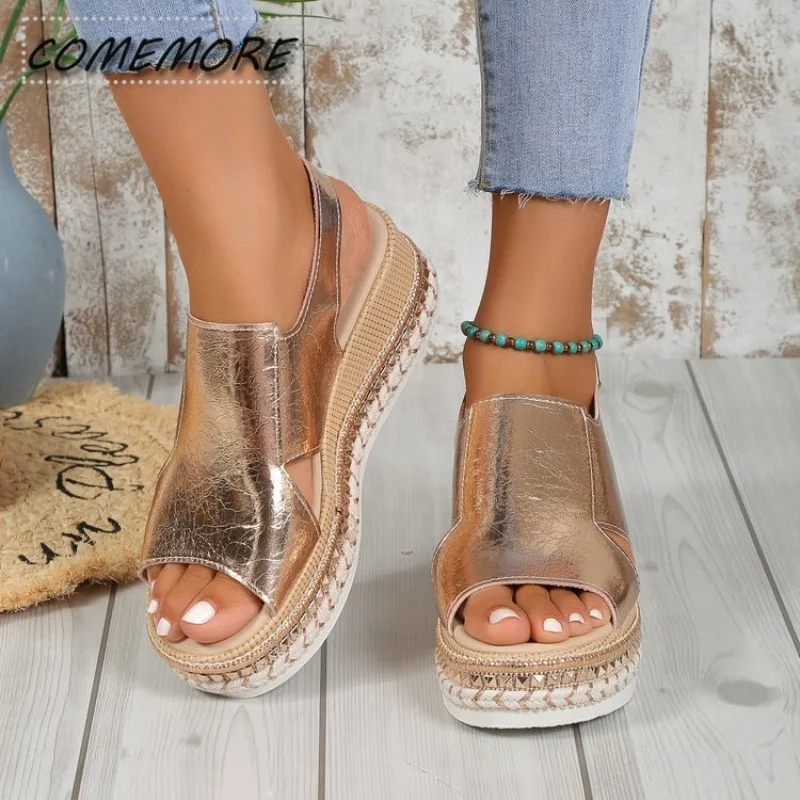 2024 New Black Wedge Women\'s Sandals Summer Fashion Elegant Platform Leisure Women Shoes High Heel Golden Heels Designer Sandals