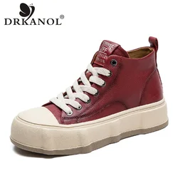 DRKANOL Chunky Platform Sneakers Women High Top Genuine Cow Leather Flat Shoes Ladies Spring Thick Bottom Casual Short Boots