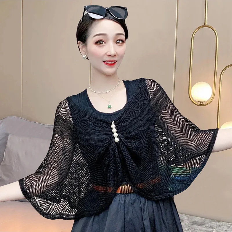 春夏薄手ニットショール-レディース-アイスシルク-日焼け止め-エアコンルームカバー-多機能-韓国風