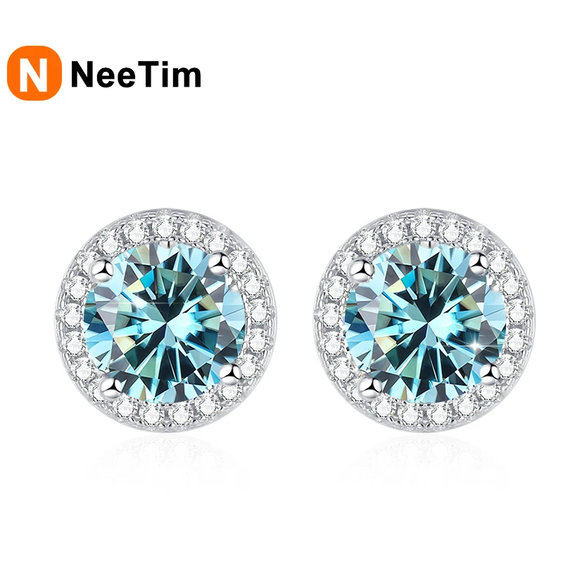 NeeTim Moissanite Stud Earrings for Women 925 Sterling Silver Green Blue Pink Red Black Blue Sparkling Moissanite Studs Earring