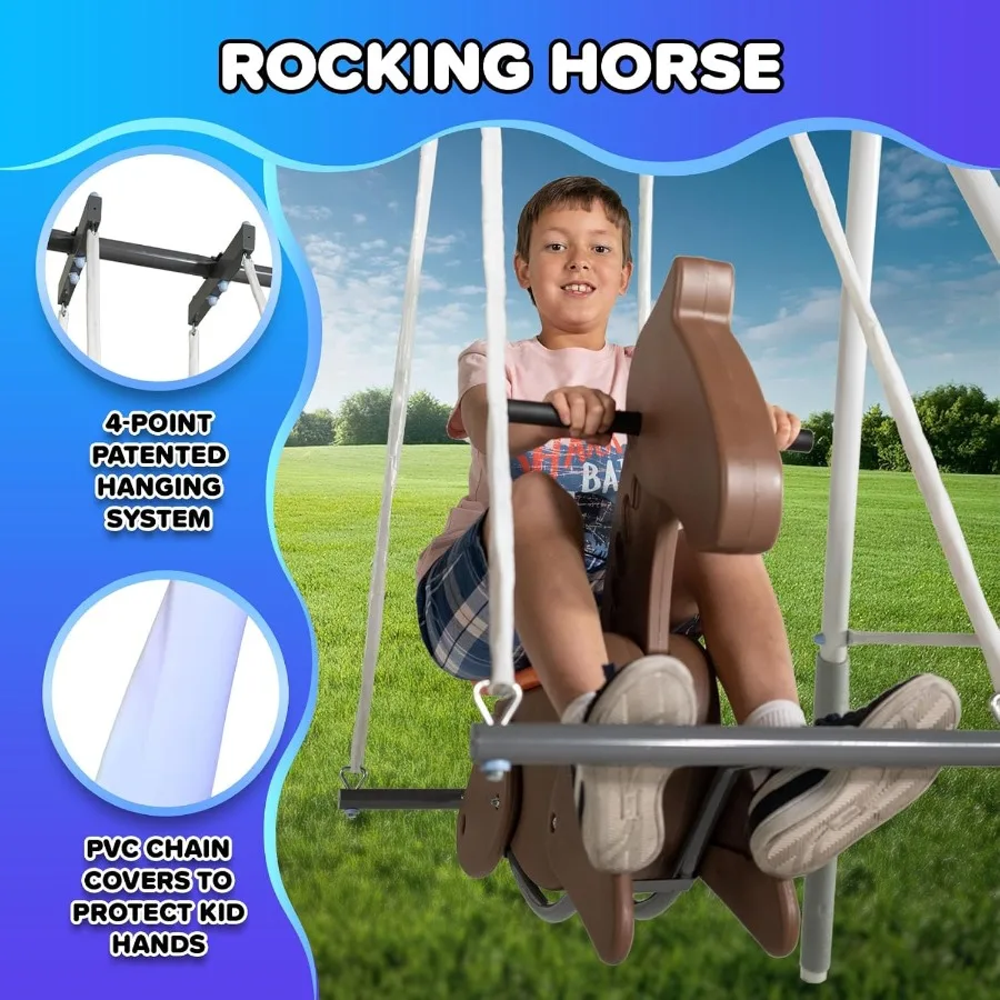 Metal Swing Set with 2 Swings, Rocking Horse, Mini-Trampoline, on Slide, & Bonus Anchor Kit, for Kids 3-8
