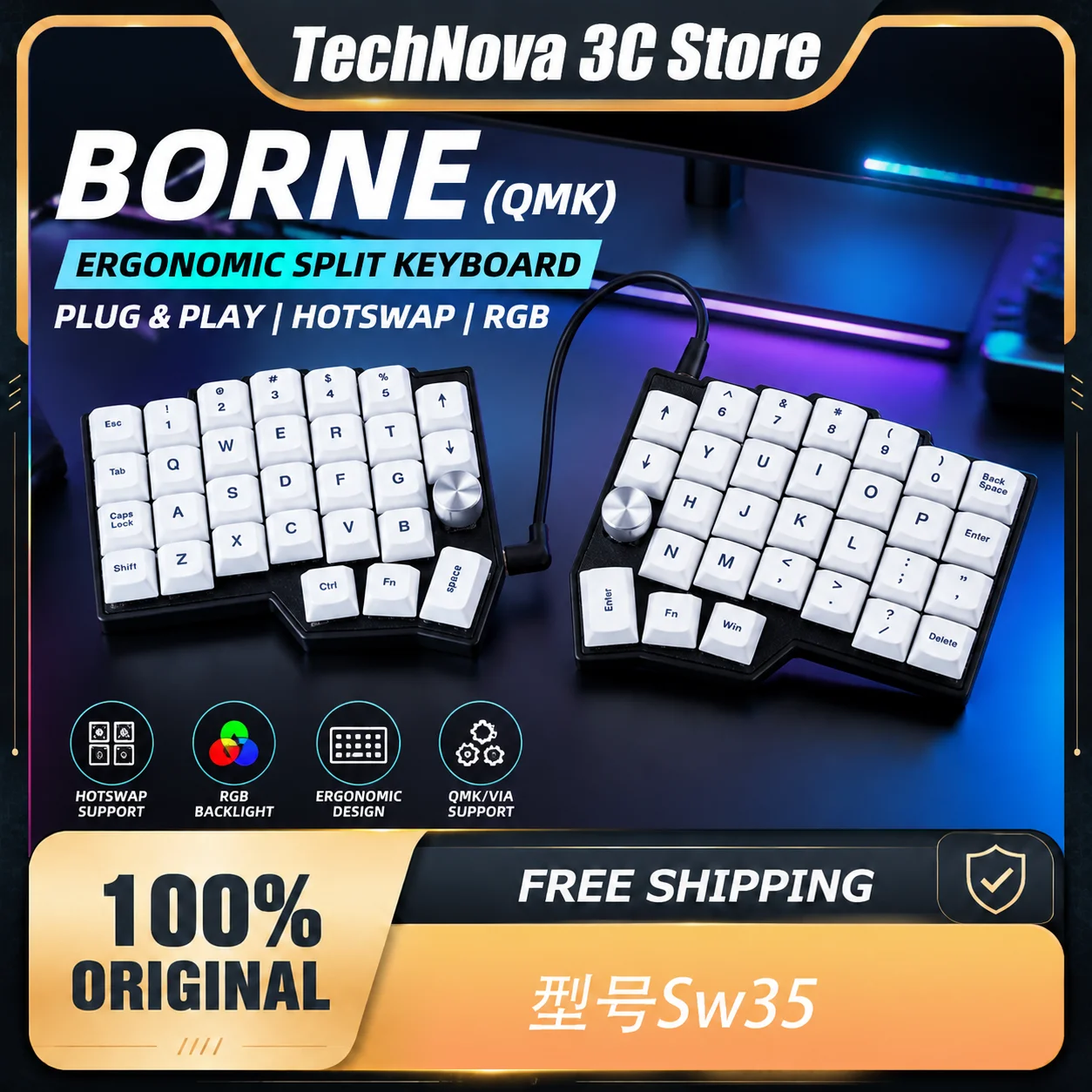 BORNE CORNE 4x6 Ergonomic Split Keyboard RGB QMK VIAL Hot Swap Mechanical Keyboard for Coding Typing Gaming