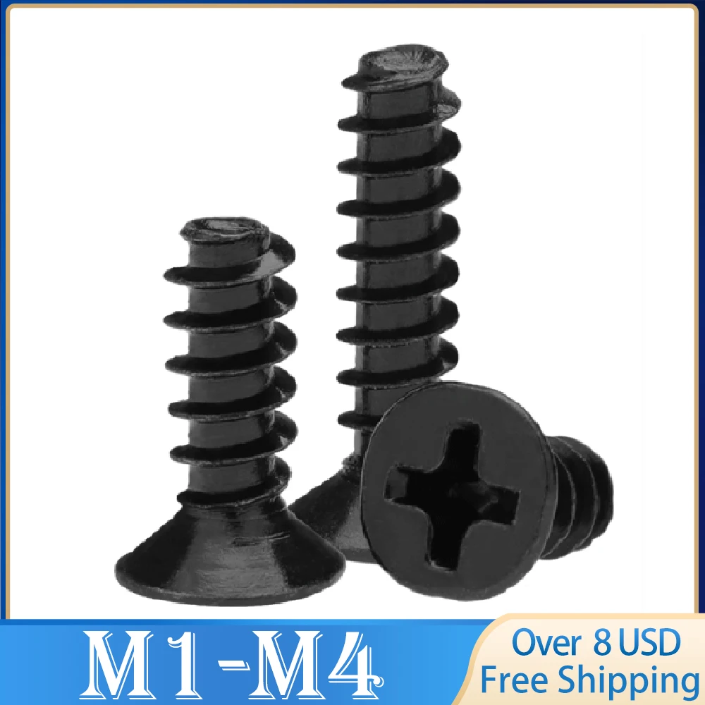 

100pcs Phillips Cross Recessed Countersunk Head Self-tapping Screw M1 M1.2 M2 M2.3 M2.6 M3 M4 M5 Black Carbon Steel Mini Screw