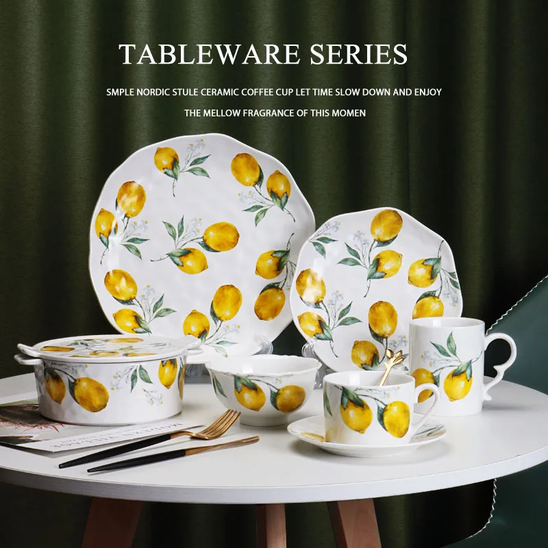 

Creative Lemon Ceramic Dinnerware Set,Irregular Hand-Painted Plates & Cups, Salad Dessert Plates,Elegant European Tableware Set