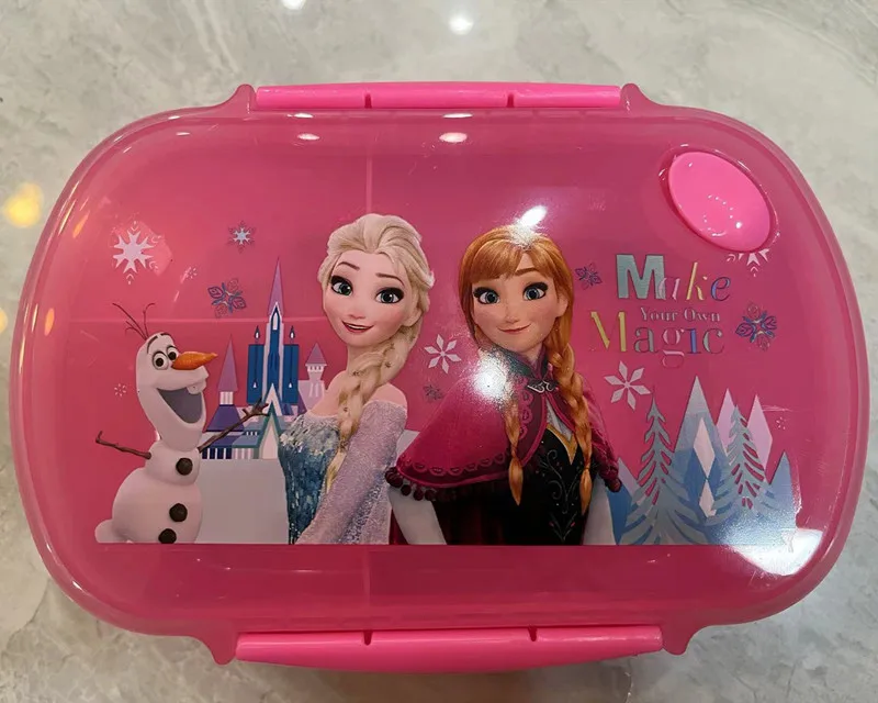 Recipiente de alimento portátil à prova de vazamento lancheira congelada, anime Elsa princesa dos desenhos animados, rosa bonito, talheres de plástico para estudante