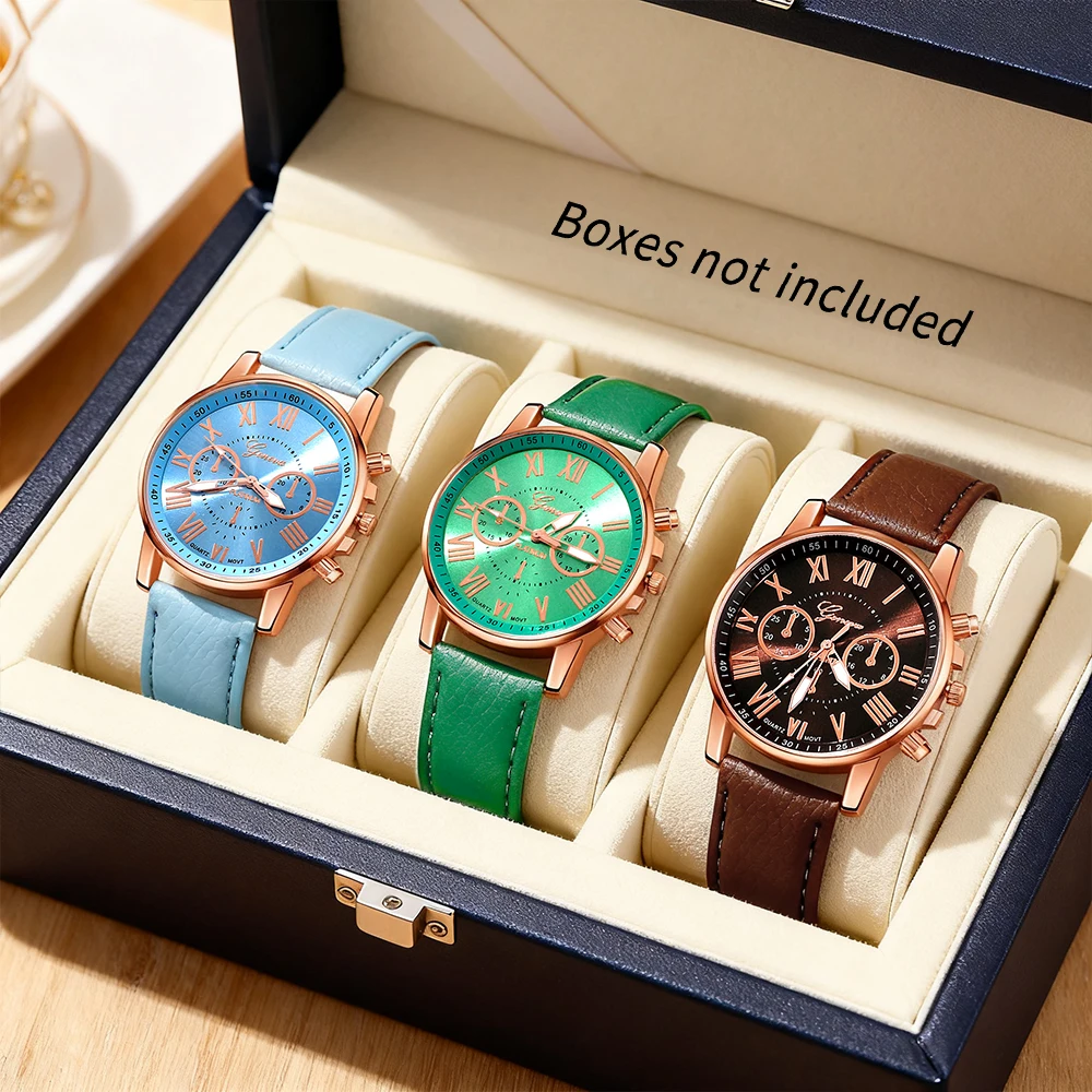 2026 Fashion Neutral 3-Piece Quartz Watch Set, Round Zinc Alloy Case and PU Leather Strap - Red Dial, Roman Numerals