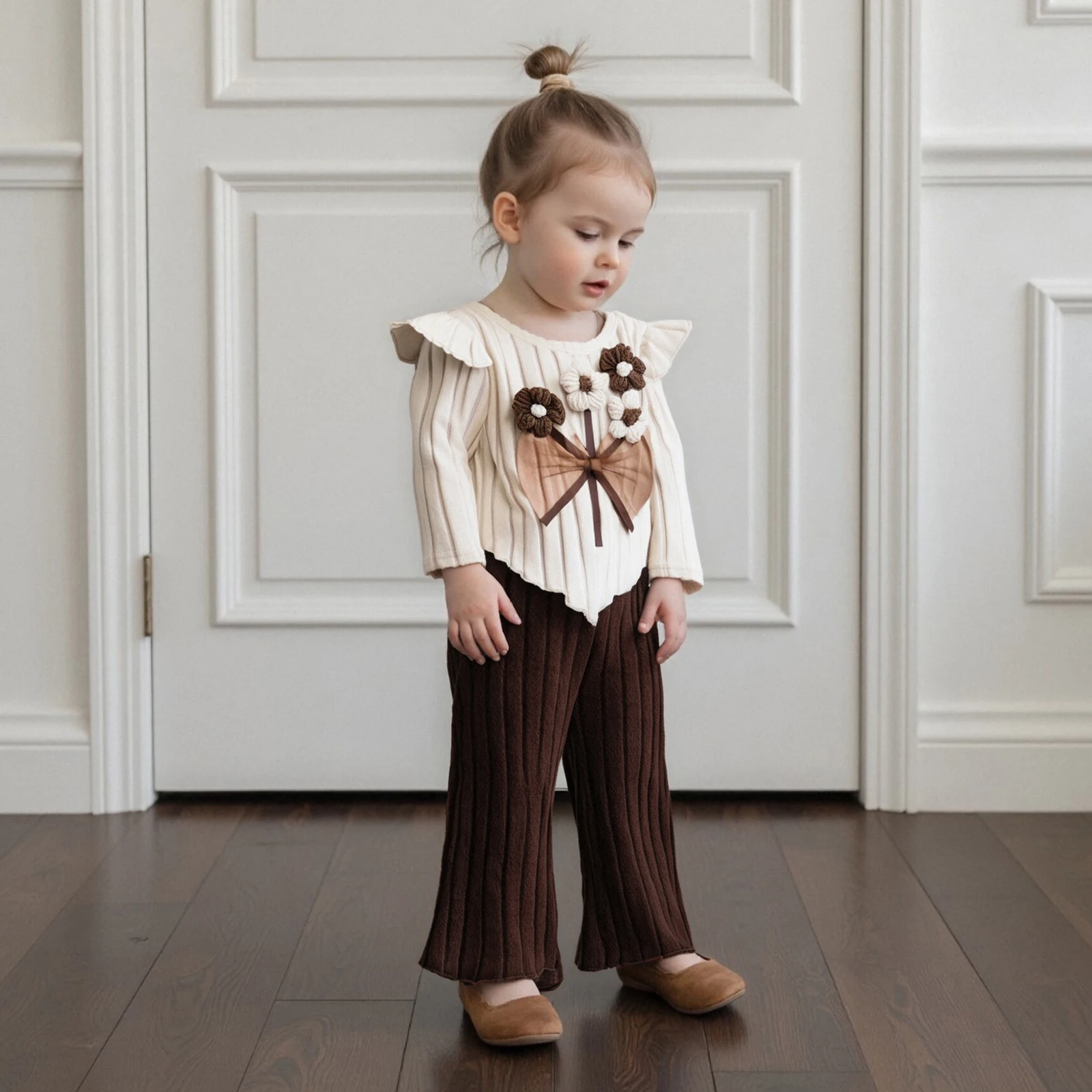0-3Y Toddler Girl Fall Outfits Crochet Flower Long Sleeve Round Neck Pullover + Elastic Waist Ribbed Flare Pants 2 Pcs Set