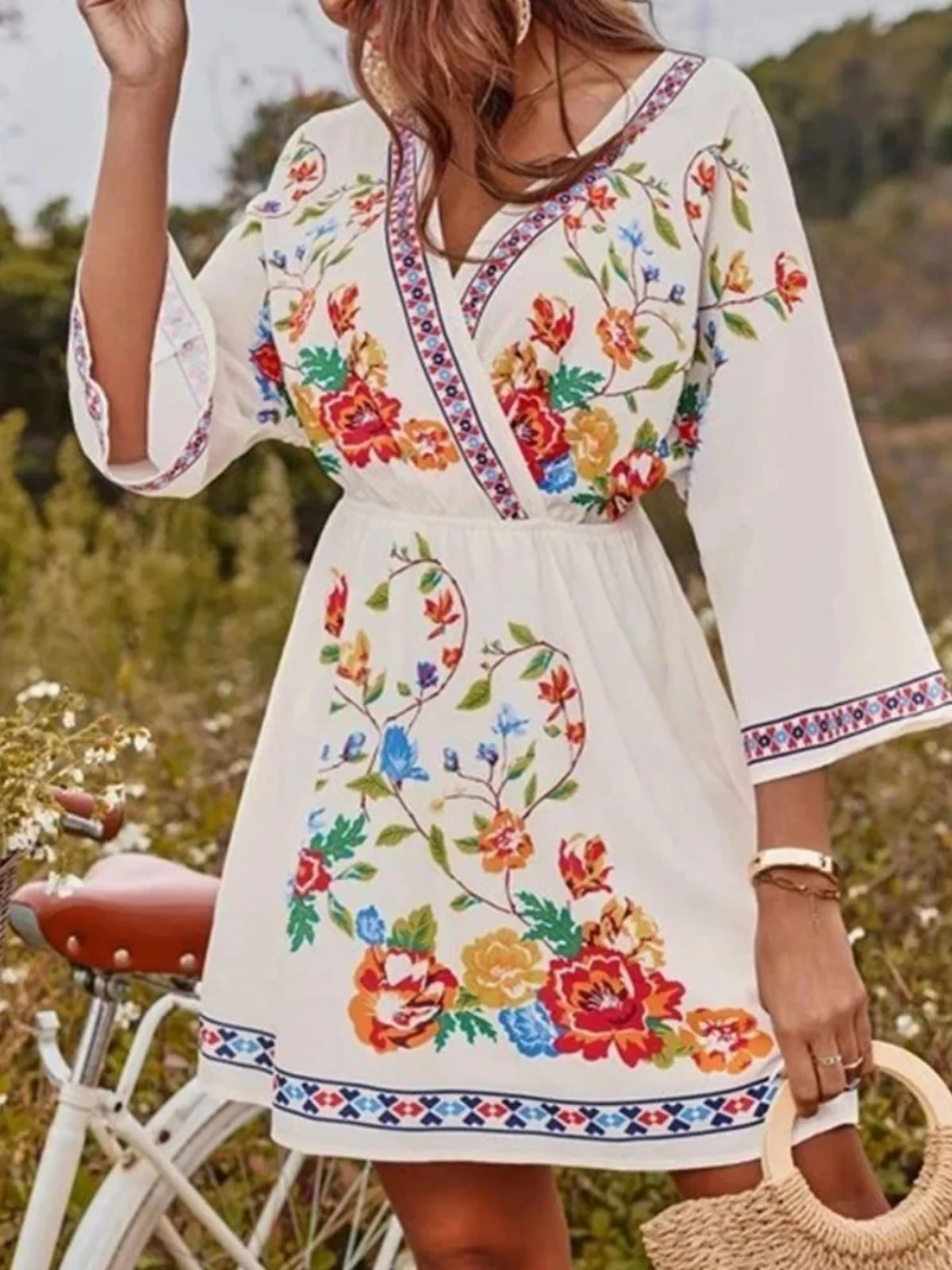 Slimming Floral Print ort Dr Women's Waist-Cinching  Dr Street Sle Long Sve Summer Faion for 25-35 Years Old