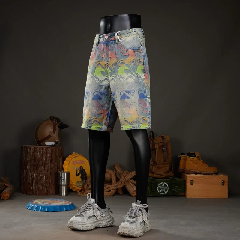 2026 summer retro denim shorts with colorful jacquard patterns, stylish Korean style, versatile five-inch casual shorts for men'