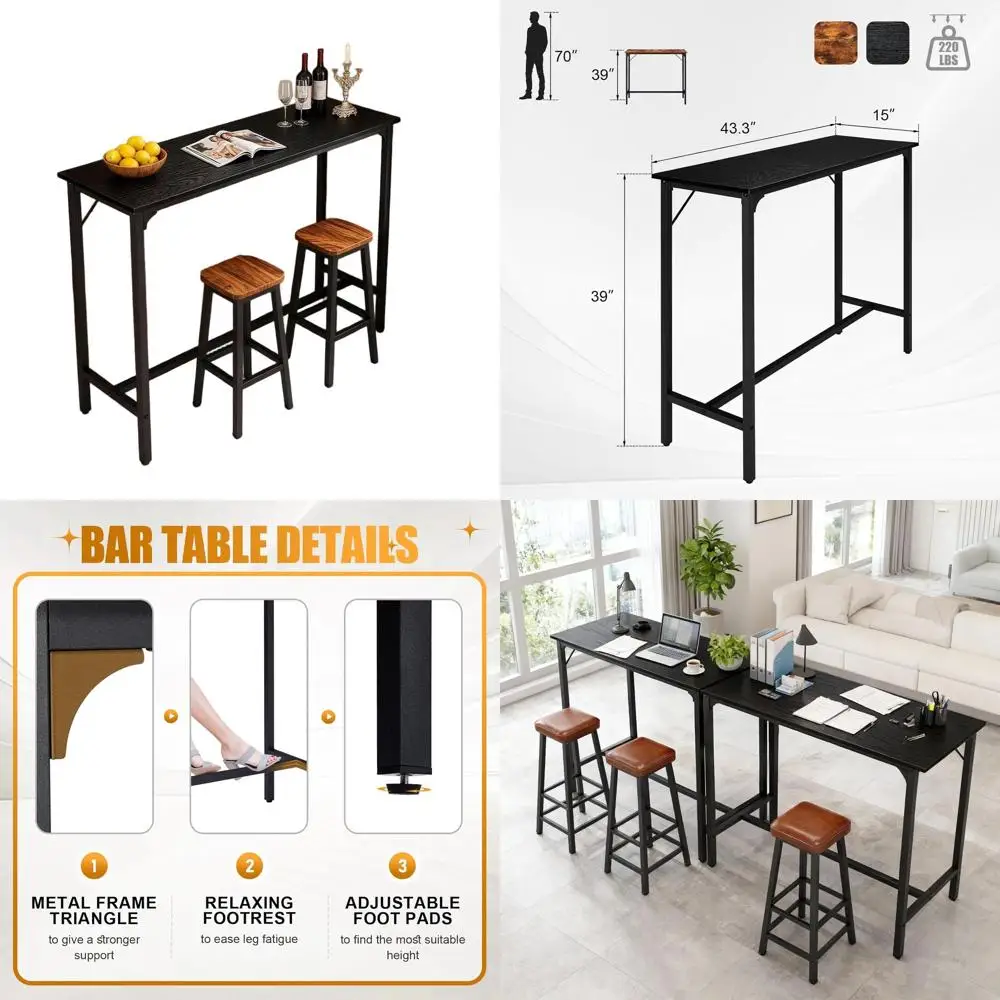 

Черный металлический высокий барный стол с прочными ножками и треугольной опорой для небольших помещений, простая сборка, идеально подходит для столовой и кухни
