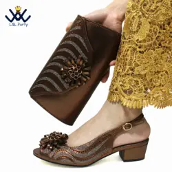 Conjunto de zapatos y bolso de tacón bajo para mujer, diseño italiano, nigeriano, Color café, tacones cómodos con apliques para parte, recién llegados