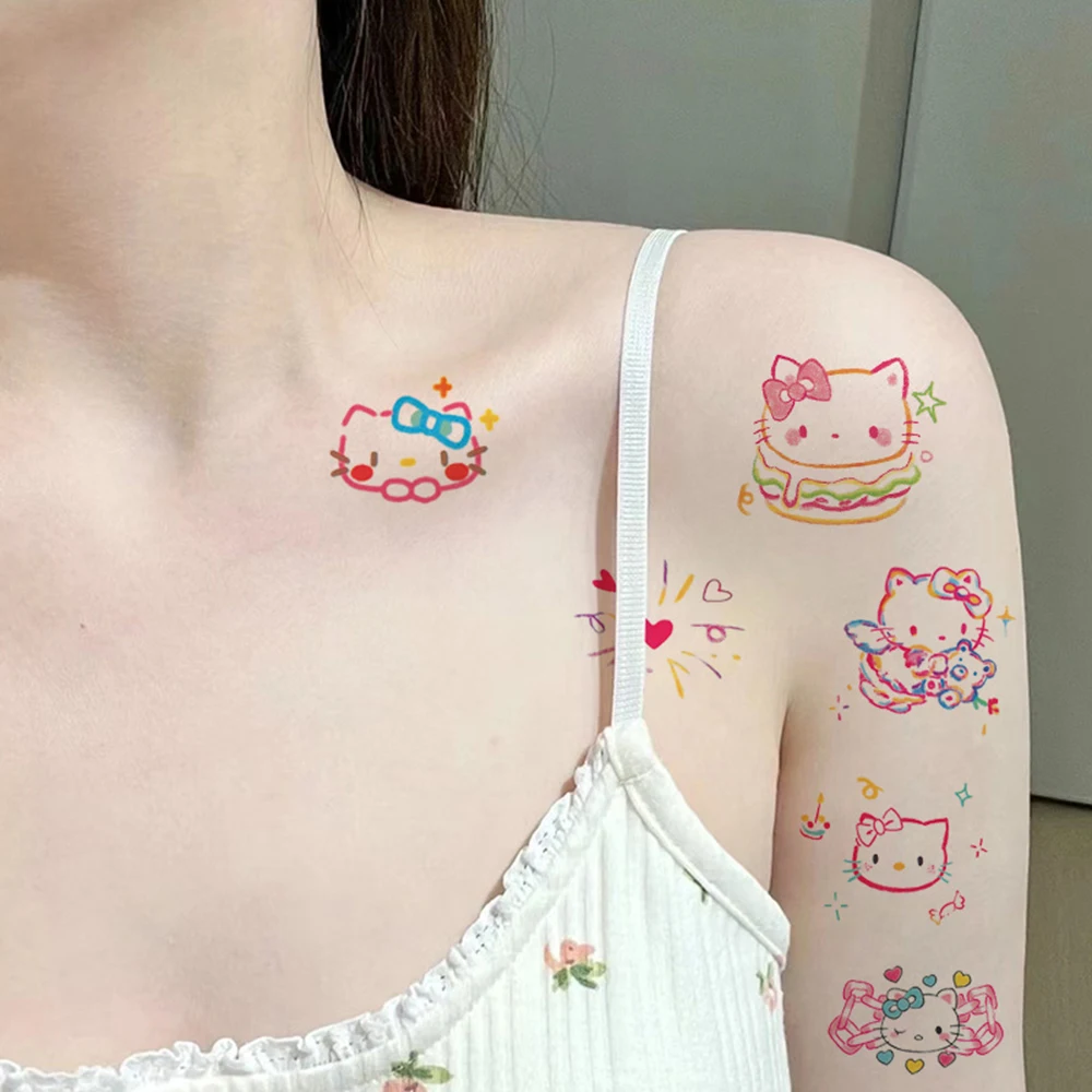 Tatuajes coloridos de Hello Kitty para niñas, calcomanías Kawaii de dopamina, tatuajes falsos temporales, juguetes para el brazo y el cuerpo, 24/25