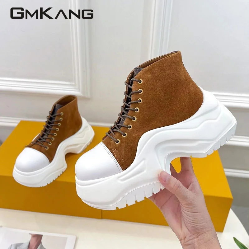 Round toe thick sole cowhide shoes for women's lace up platform ankle boots for autumn luxury brand flat shoes for women's short