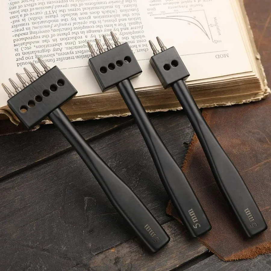 Leder-Lochstanzer, Zinkenstanzer, schwarzes Locher-Werkzeug, 5 mm, 2, 4, 6, Schnür-Nähte, runde Loch-Zinken-Nähte, Meißel-Set, Lea