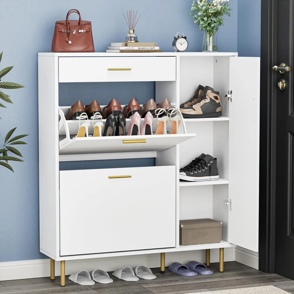 

Shoe Cabinet with 2 Flip Drawers & Side Cabinet, Modern Freestanding Hidden Shoe Cabinet Organizer with Adjustable Shelves