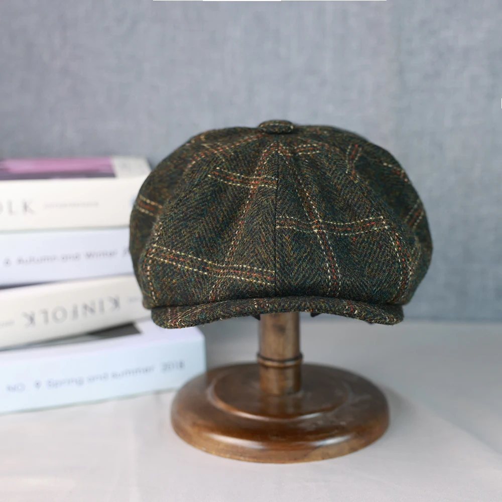 Green Plaid New Wool Flat Cap Men\'s Golf Cabbie Hat Gatsby Ivy Cap Irish Hunting Hat Newsboy Driver Cabbies Beret 015