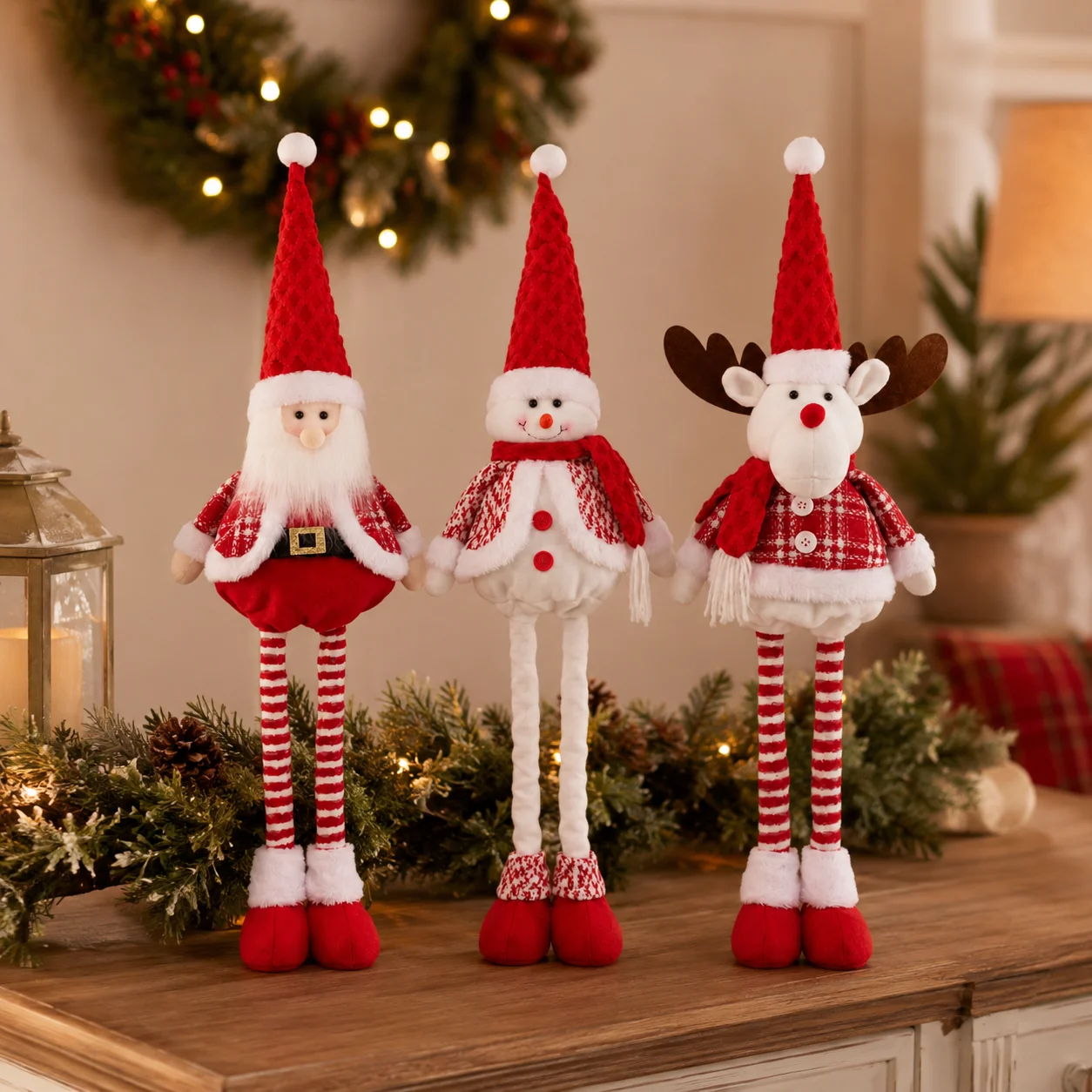 3 Styles Adjustable Christmas Santa Snowman Reindeer Plush Decor, Extendable Legs Standing Holiday Home Ornament