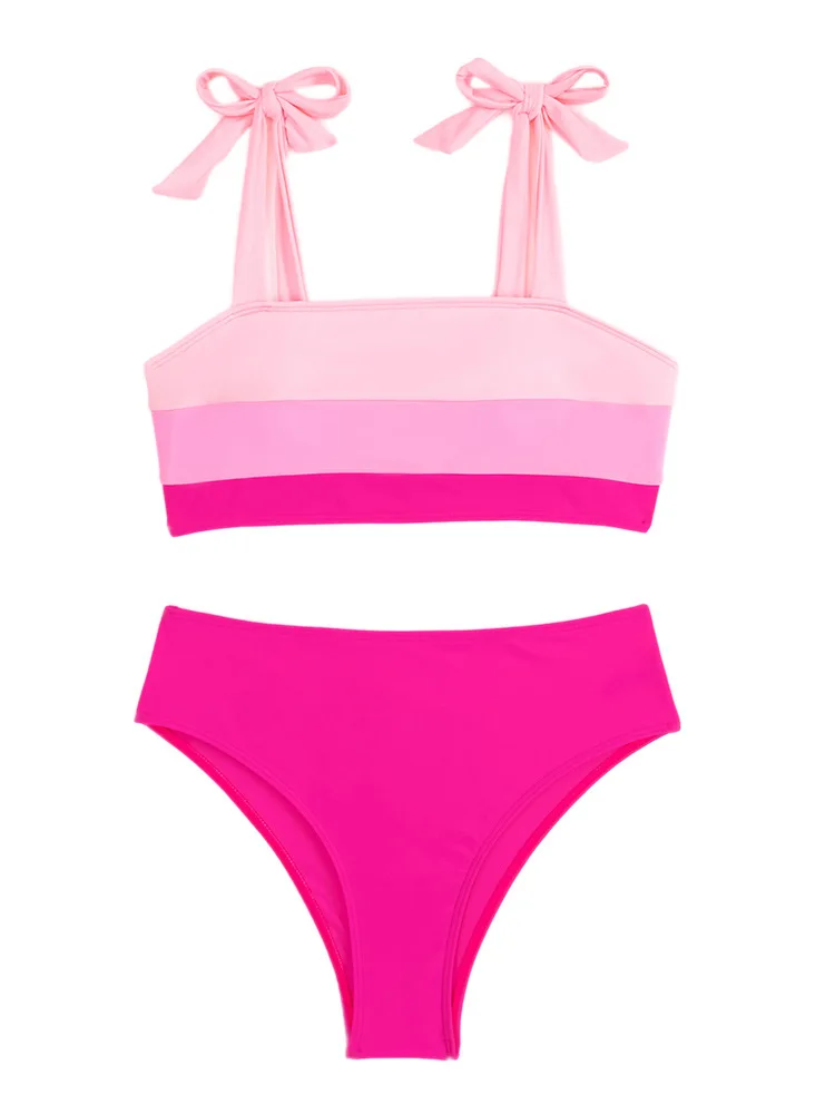 Sexy Tie Shoulder High Waist Bikinis Sets Two Pieces Pink Swimsuit Women Padded Swimwear Bandeau Brazilian Biquini Beach Wear