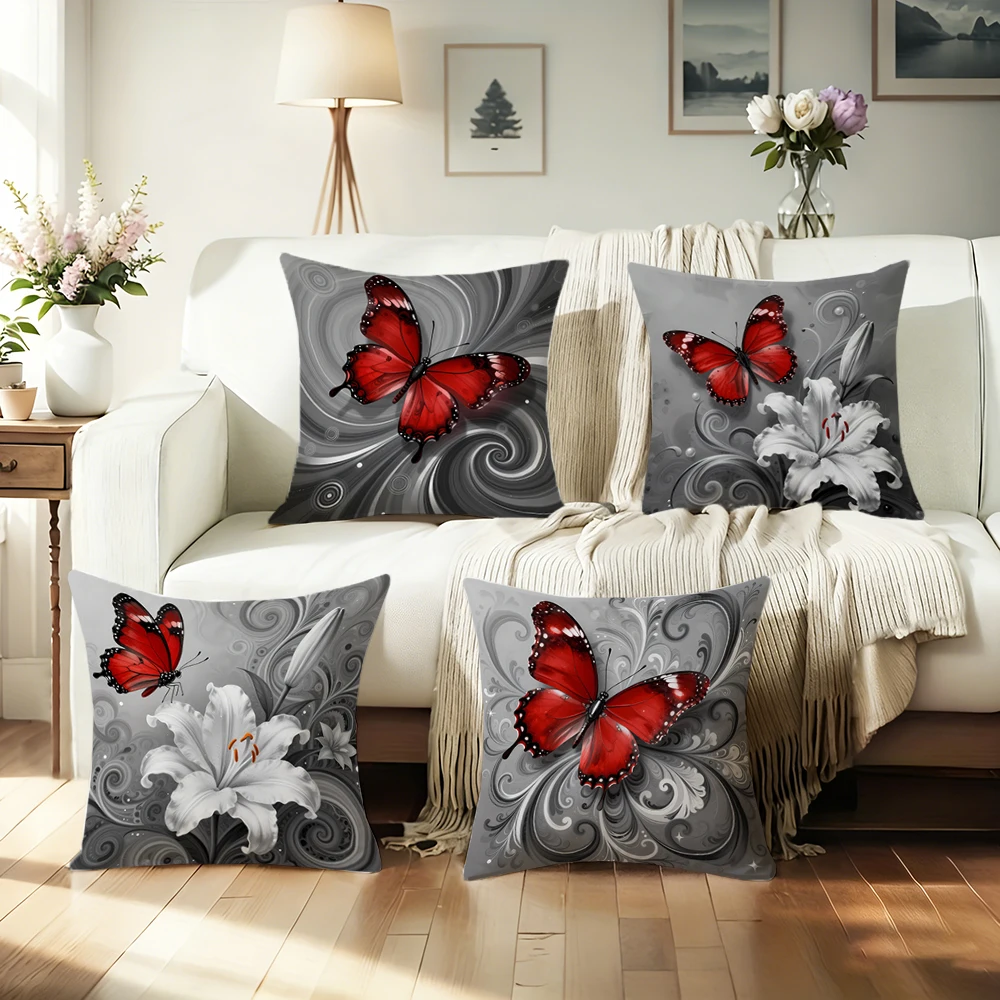 1/4pcs Gray Pillowcases With Red Butterflies And Lilies Sofa cushion cover home bedroom room decoration
