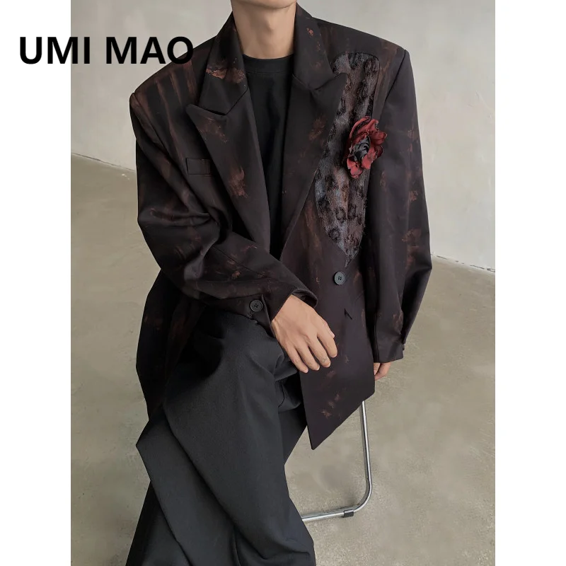 UMI MAO Dark Blazers Gothic Distressed Oversized Men's Heavy-Duty Tie-Dye Printed Padded Shoulder Blazer Casaco Feminino Dress