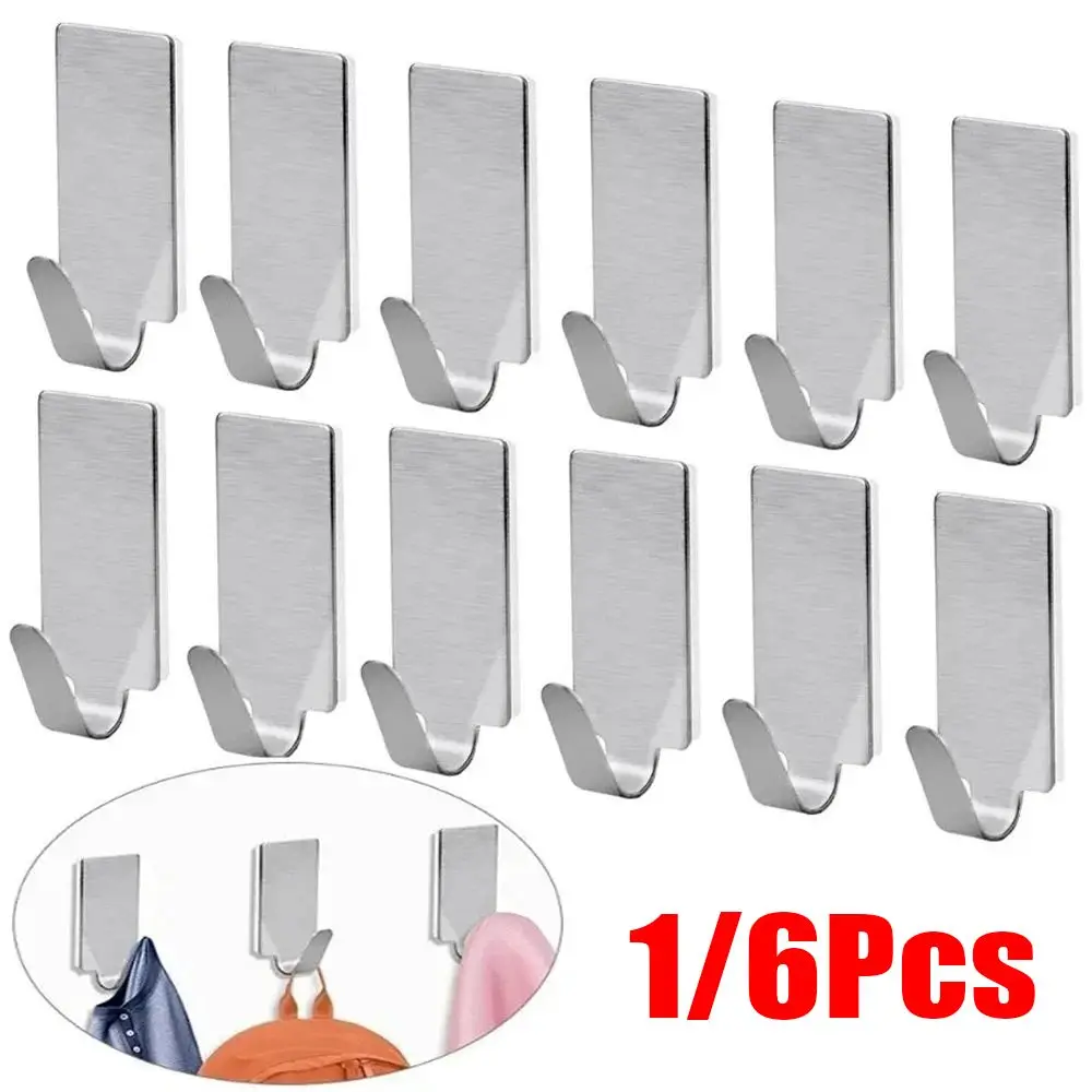 1/6Pcs Kitchen Bathroom Wall Hanger Hook Stainless Steel Self Adhesive Bathroom Organizer Small Multi-purpose Towel Rack Hanger