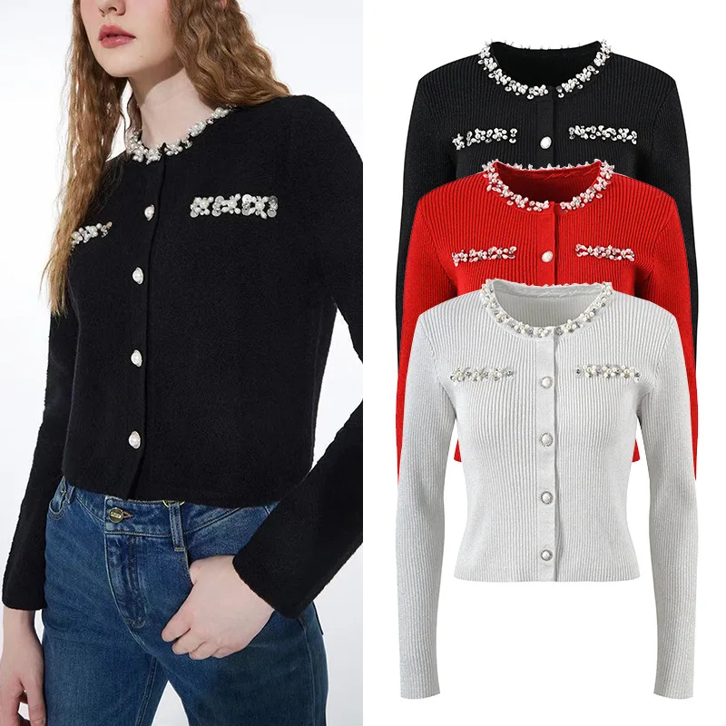 

Новый весенний женский вязаный длинный све, круглый облегающий эластичный кардиган с блестками, цельный дизайн для поездок на работу