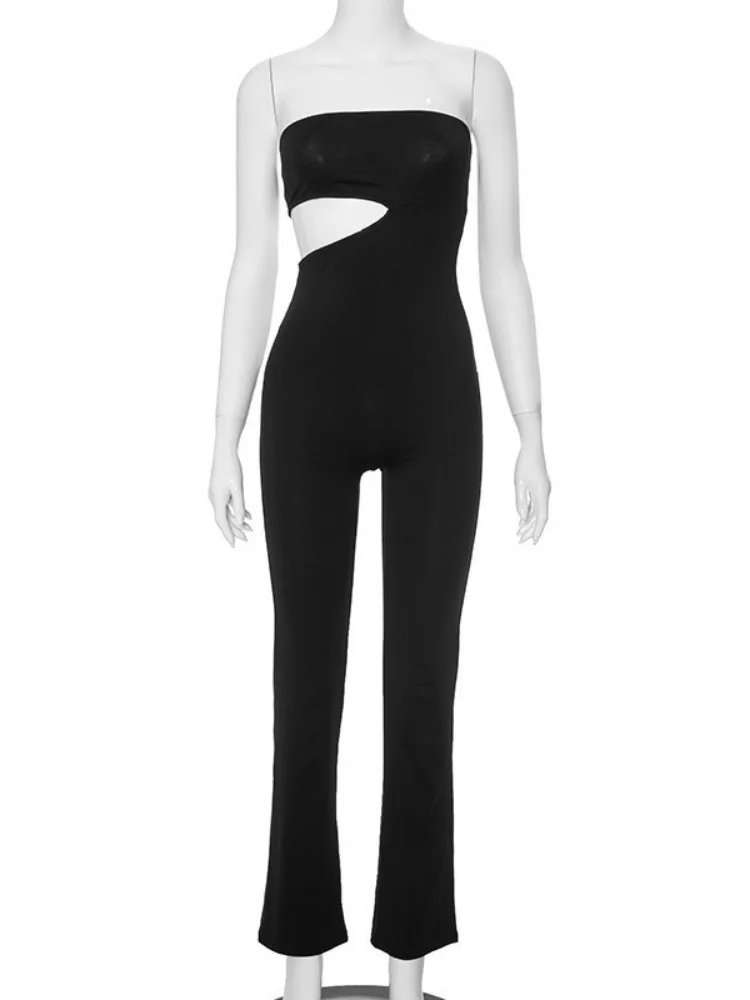 Combinaison noire évidée pour femme, haut tubulaire, pantalon long élégant, salopette de batterie, tenue de club, vêtements une pièce