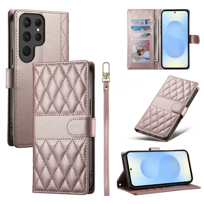

S25 S24 S23 S22 S21 Ultra 5G Luxury Case Grid Pattern Leather Wallet Funda for Samsung Galaxy S25 Edge S20 Plus FE Flip Cover