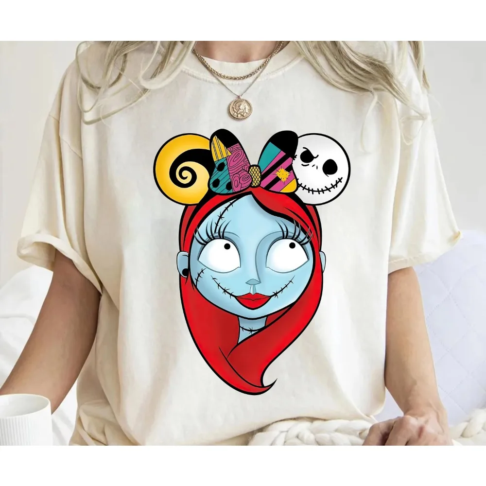 

Disney The Nightmare Before Christmas Sally Portrait with Jack Hair Bow T-Shirt Jack Skellington Halloween Women's Men T-shirt