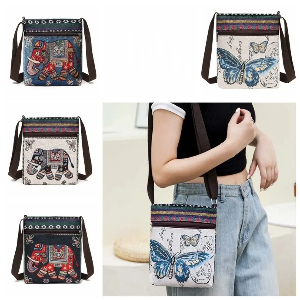 

Embroidery Ethnic Style Crossbody Bag Large Capacity Canvas Cute Elephant Cloth Bag Shoulder Bags Butterfly Animal Shoulder Bag