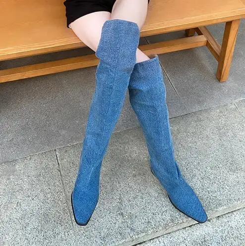 Fashion Lady Blue Jeans Denim Pointed Toe Knee High Flat Boots Women Slip On Pleated Tube Long Fall Botas Shoes Drop Shipping