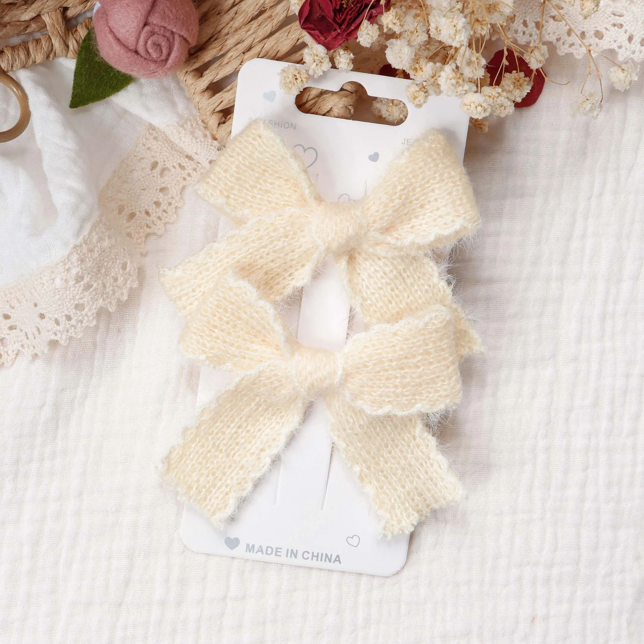 2 stücke Stricken Wolle Bogen Barrettes Gestreiften Spitze Bogen Haar Clip Für Mädchen Baby Herbst Decor Haar Zubehör Kid Party tragen Haarnadel – Detail 7