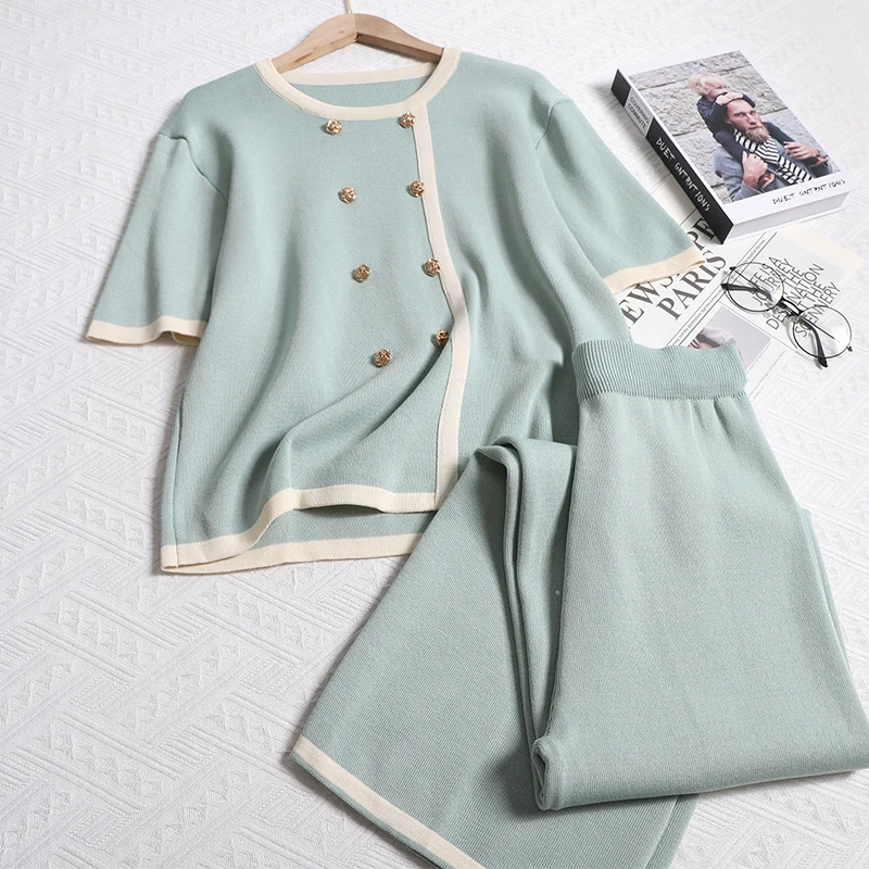 

CasualShort Sleeve Knit T-shirt+Elastic Waist Pants 2-piece Set for Spring/Summer Women's Set O-neck Double breasted Casual Set