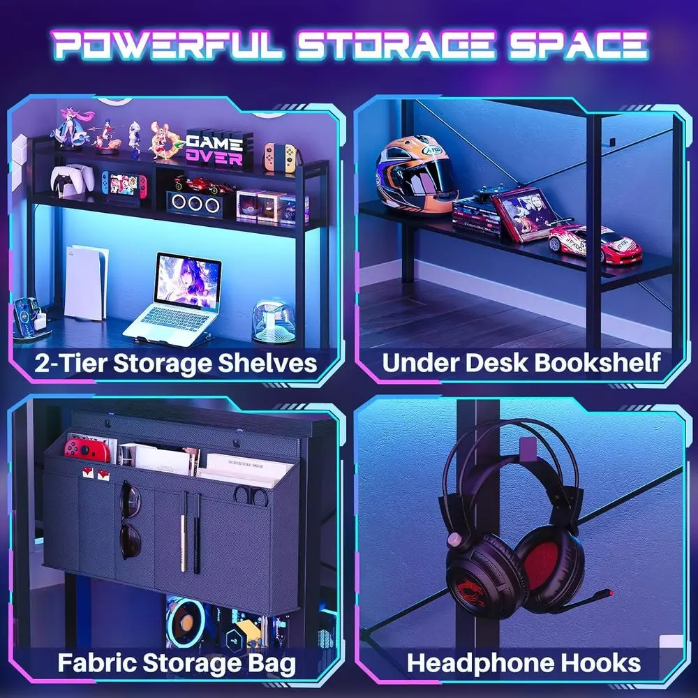 L Shaped Desk Gaming Desk, 59 Computer Desk with LED Light & Power Outlet, Reversible Home Office Desk Gamer Desks with Shelves